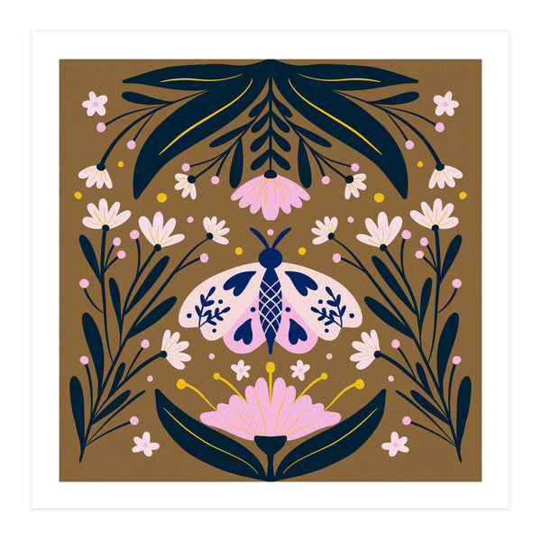 Pink Moth with Flowers on a brown background (Print Only)