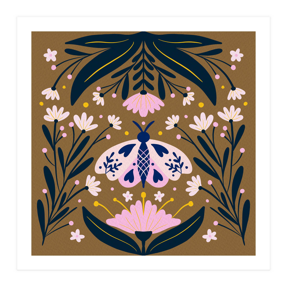 Pink Moth with Flowers on a brown background (Print Only)