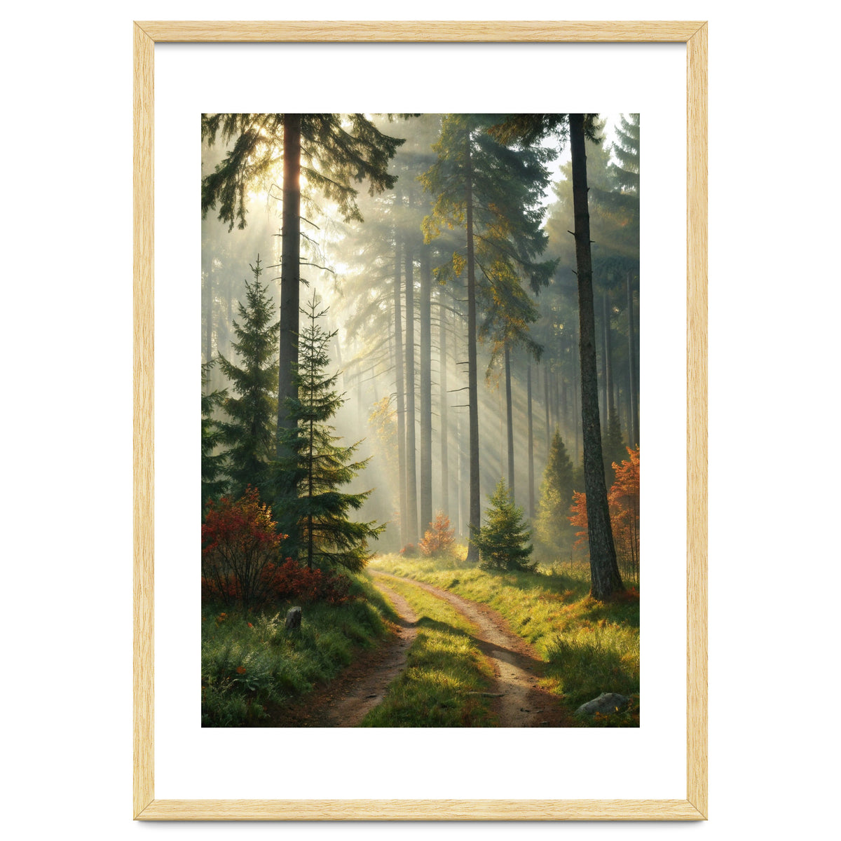 The Golden Path: Ethereal Sunbeams Piercing Through a Misty Evergreen Forest at Dawn
