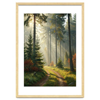 The Golden Path: Ethereal Sunbeams Piercing Through a Misty Evergreen Forest at Dawn