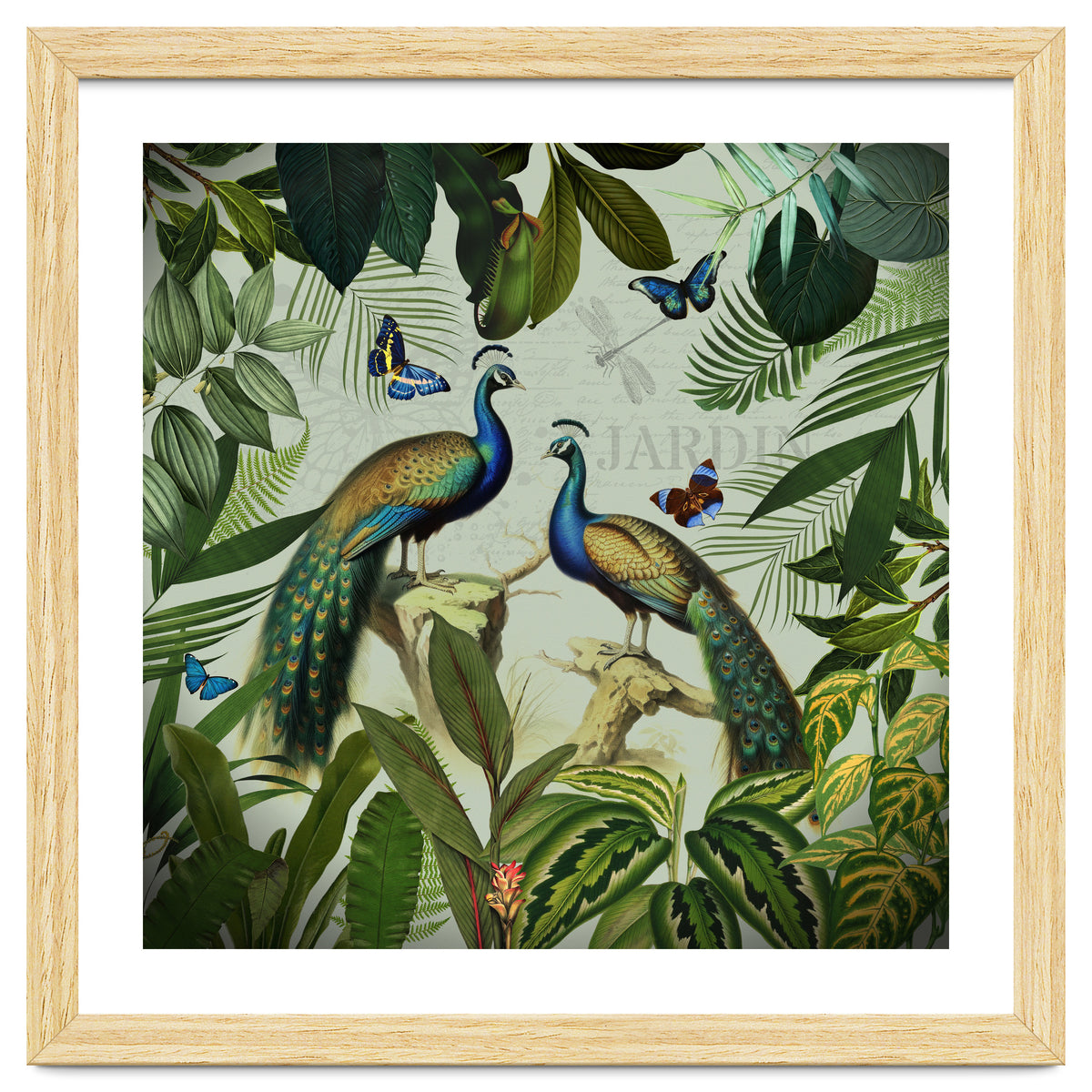 Vintage Exotic Asian Peacocks In Tropical Jungle Landscape