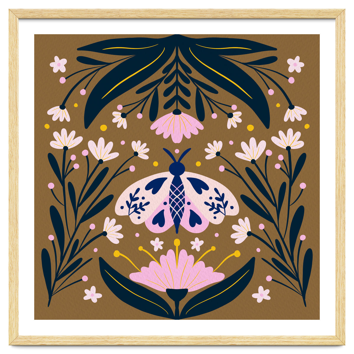 Pink Moth with Flowers on a brown background