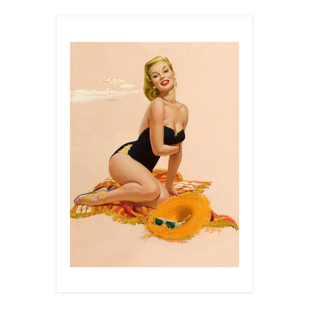 Pinup Woman Is Posing On A Beach (Print Only)