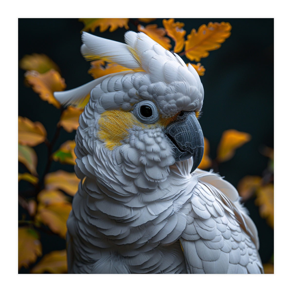 Yellow Crested Cockatoo Portrait Autumn Leaves Dark (Print Only)