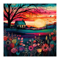 Watercolor Folk Art Sunset Landscape (Print Only)