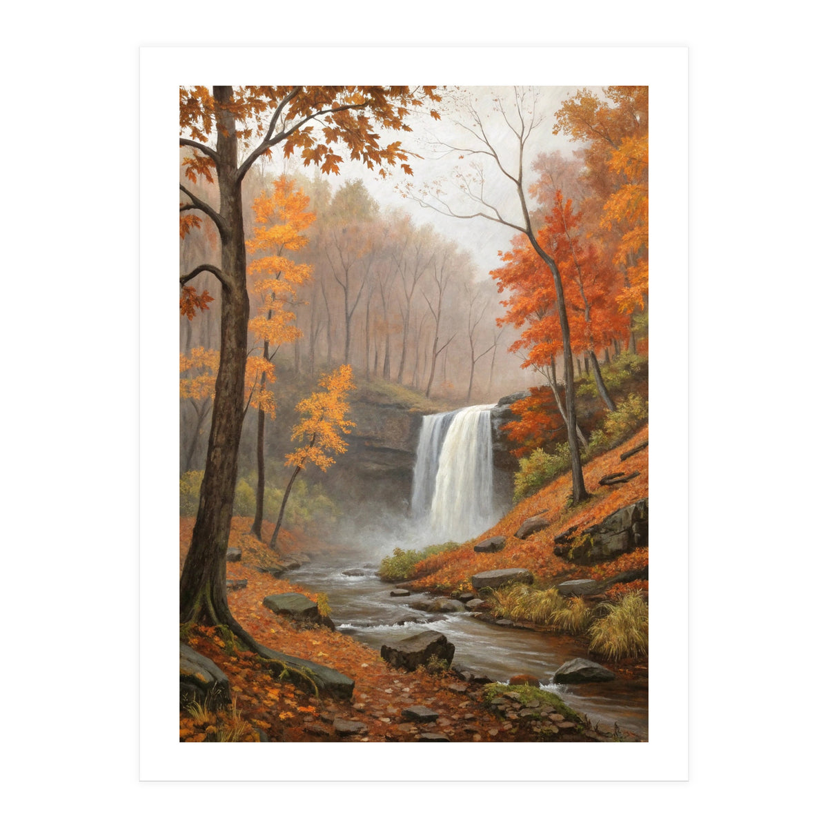 Serene Autumn Waterfall in Misty Forest (Print Only)