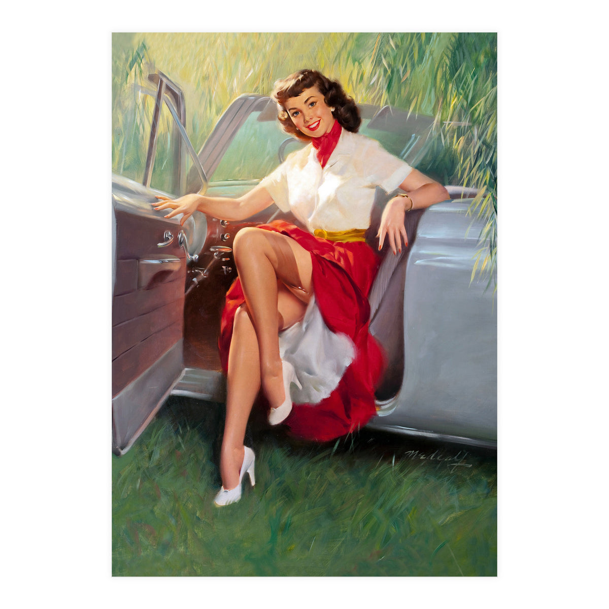 Sexy Pinup Woman Posing In Convertible Car (Print Only)