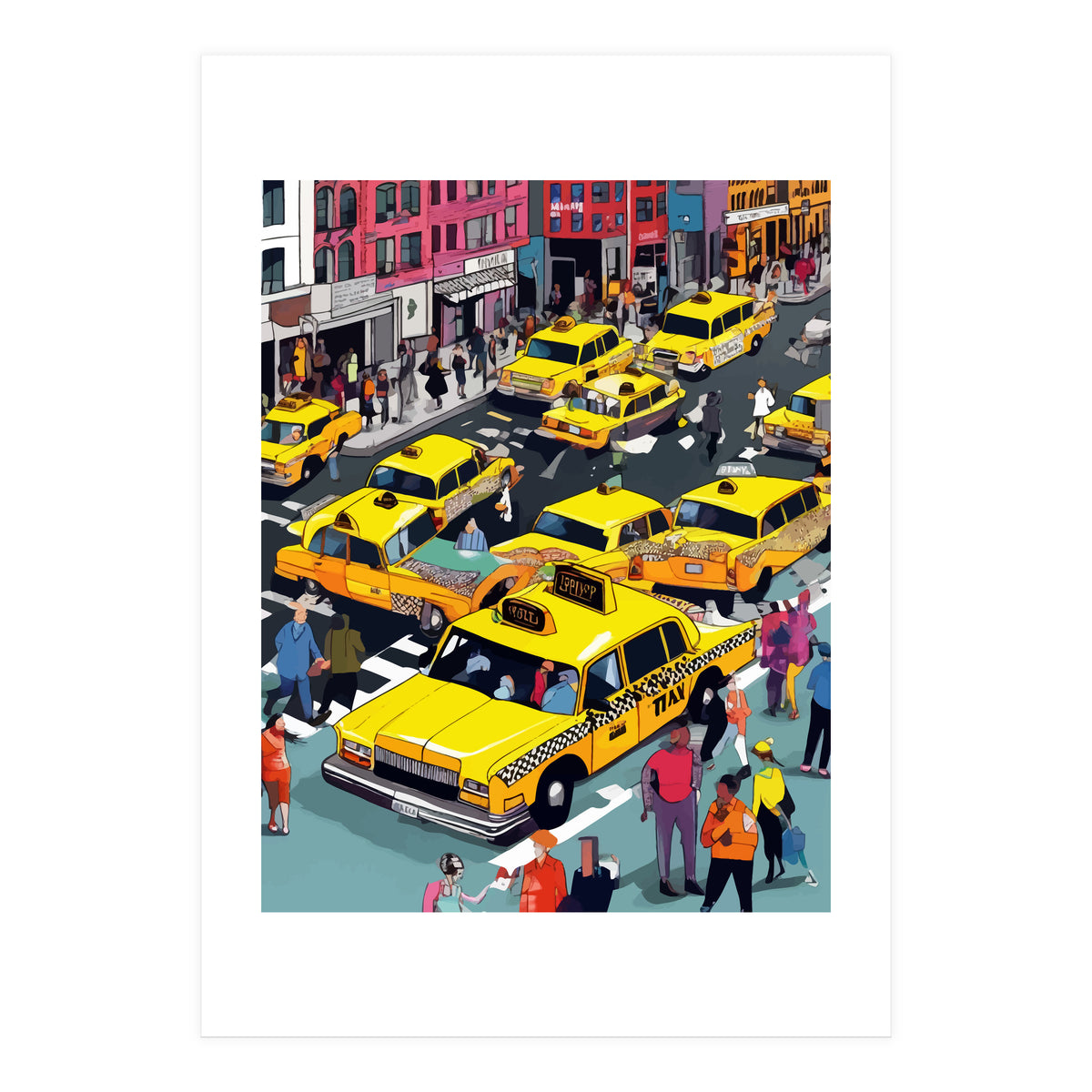 New York Minute, Yellow Taxi Cab Manhattan Downtown Busy Street, Traffic People Buildings Times Square Eclectic Road Architecture (Print Only)