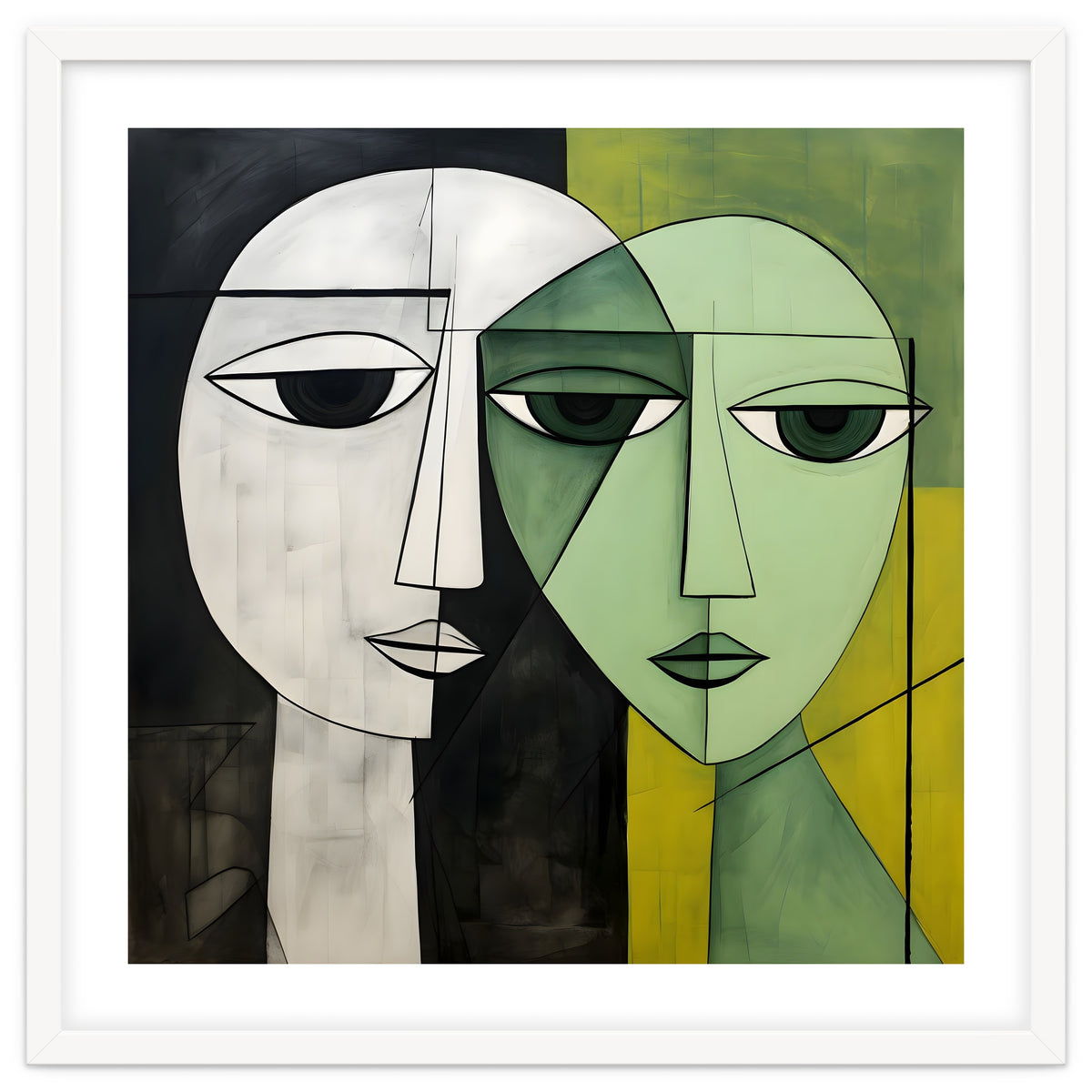 DYNAMIC FUSION, Two abstract heads converge - vibrant green tones intertwine with cool grey hues, a dance of contrast and connection.