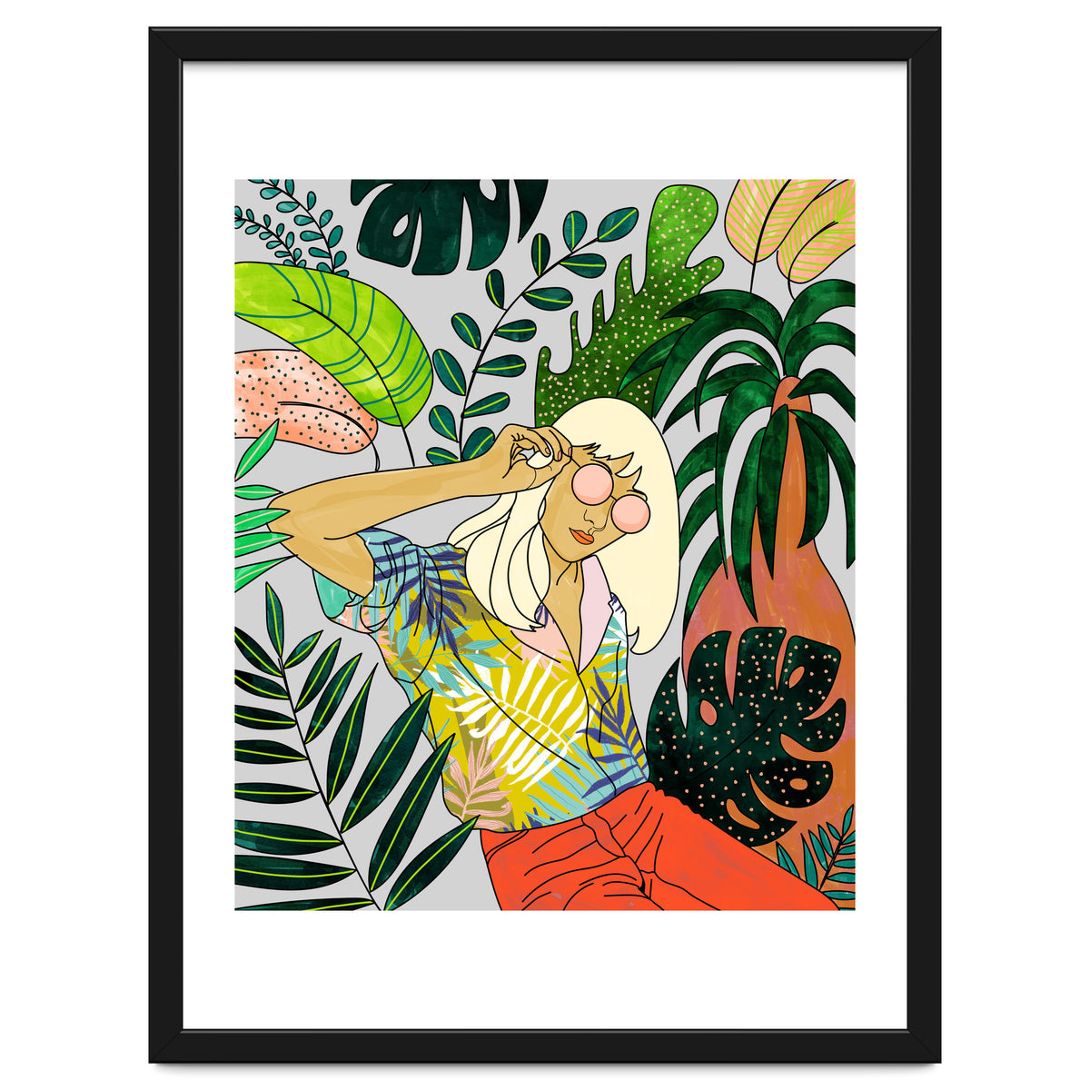 Spring Break, Tropical Bohemian Travel Line Art, Woman Fashion Palm Forest Jungle Watercolor Nature
