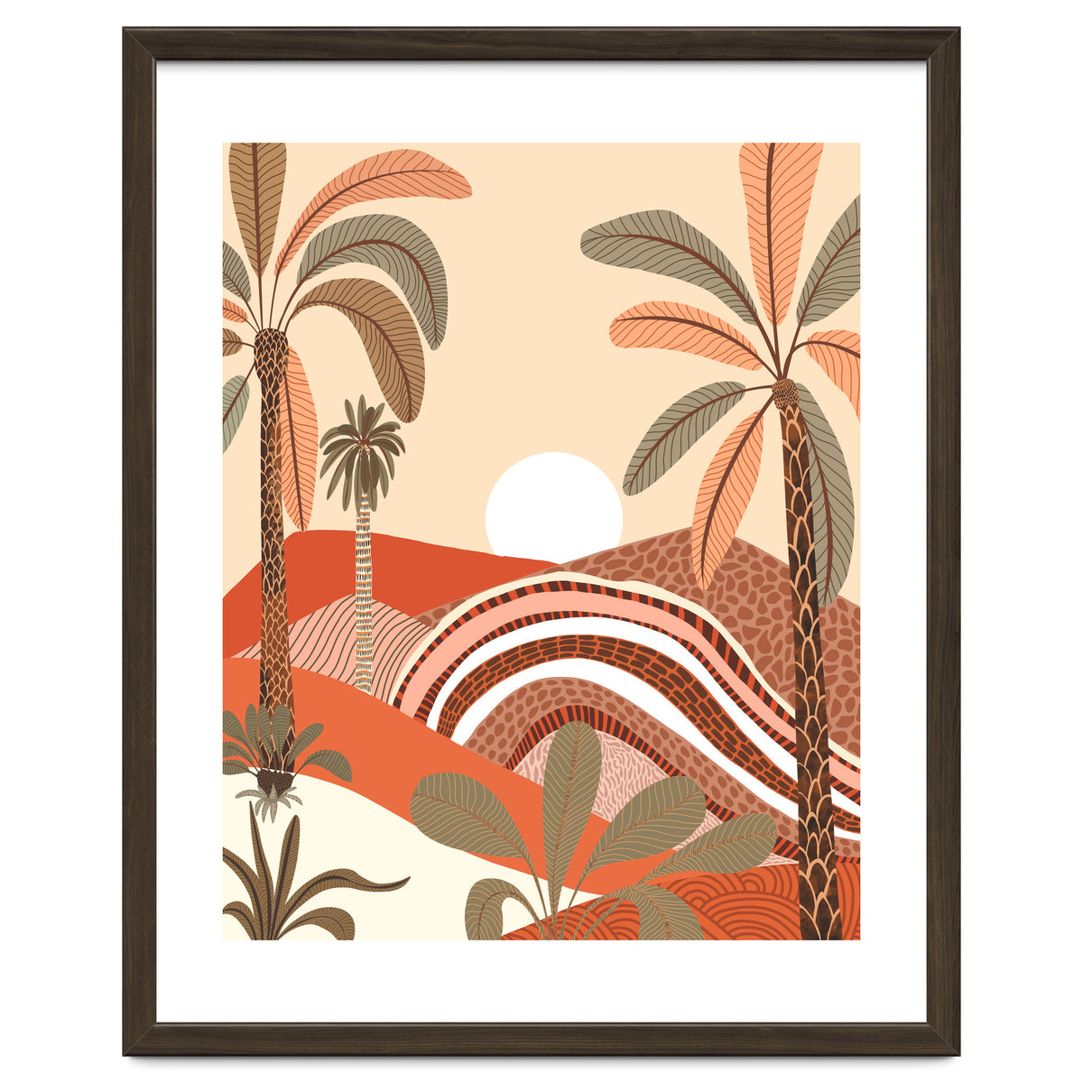 Epiphany, Pastel Rustic Sunrise Sunset, Bohemian Nature Landscape Illustration, Mountains Adventure Palm Trees