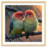 Two Lovebirds Perched On A Branch At Sunset thumbnail