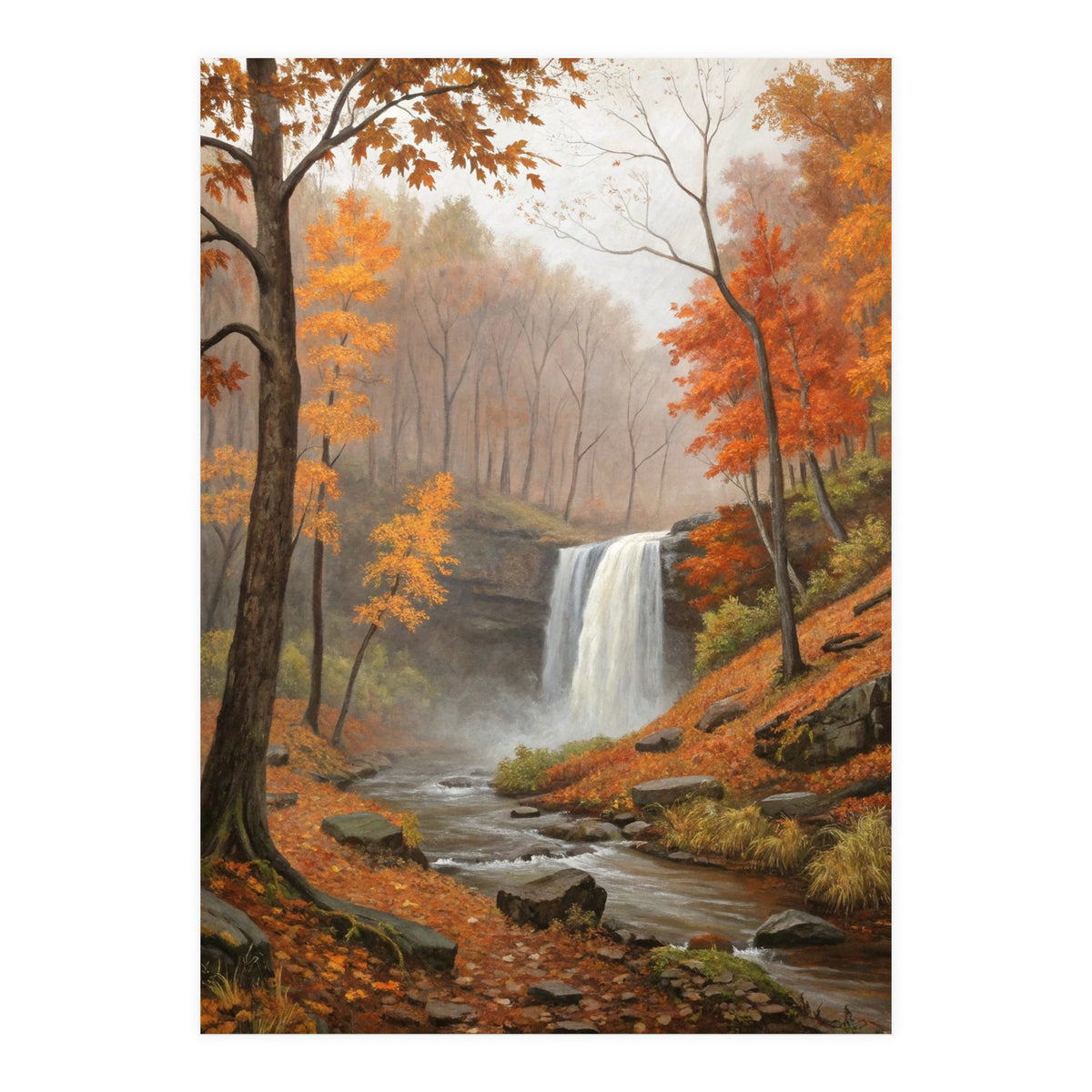 Serene Autumn Waterfall in Misty Forest (Print Only)