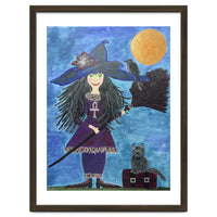 Cassandra, the Little Witch, with Merlin, the cat, and Circe, the Raven