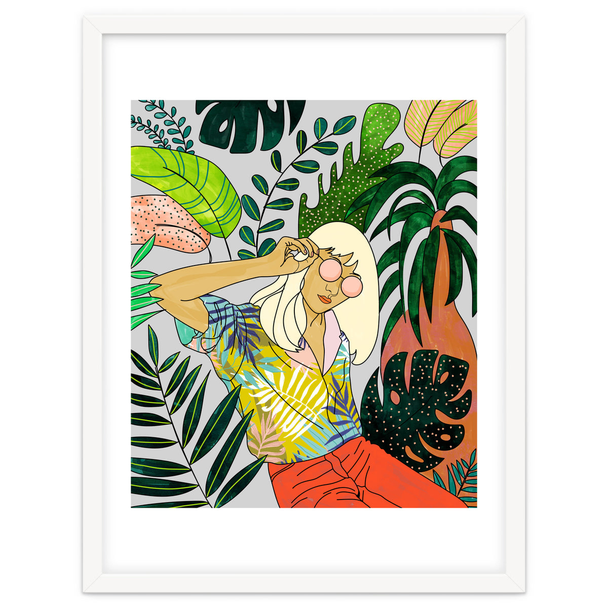 Spring Break, Tropical Bohemian Travel Line Art, Woman Fashion Palm Forest Jungle Watercolor Nature