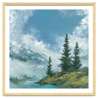 Ethereal Alpine River Valley with Snow-Capped Mountains