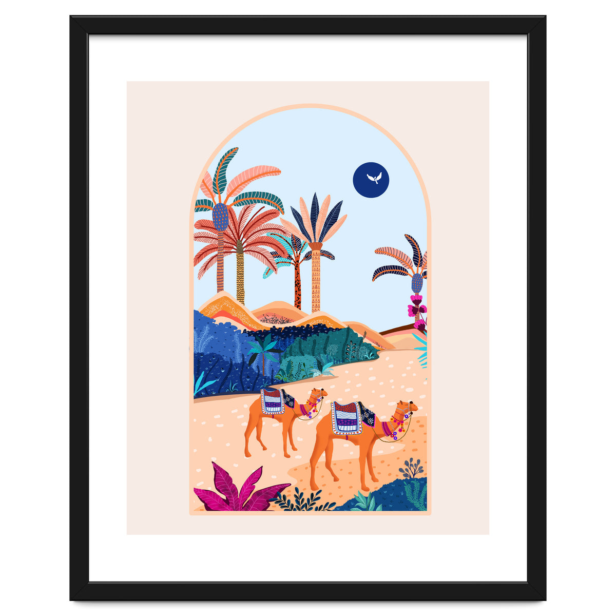 The Arabian Desert, Nature Landscape Travel Illustration, Camels Eclectic Sand Dunes Dubai Palm, Sahara Middle East Hot Summer Animals Bohemian