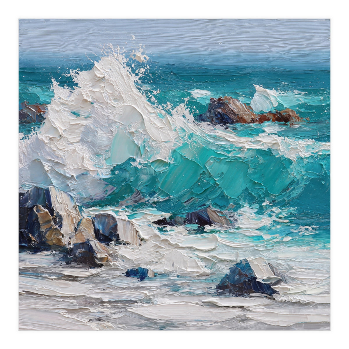 Dynamic Crashing Turquoise Ocean Wave Against Rugged Coastal Rocks (Print Only)