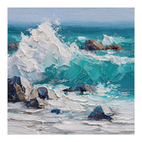 Dynamic Crashing Turquoise Ocean Wave Against Rugged Coastal Rocks (Print Only)