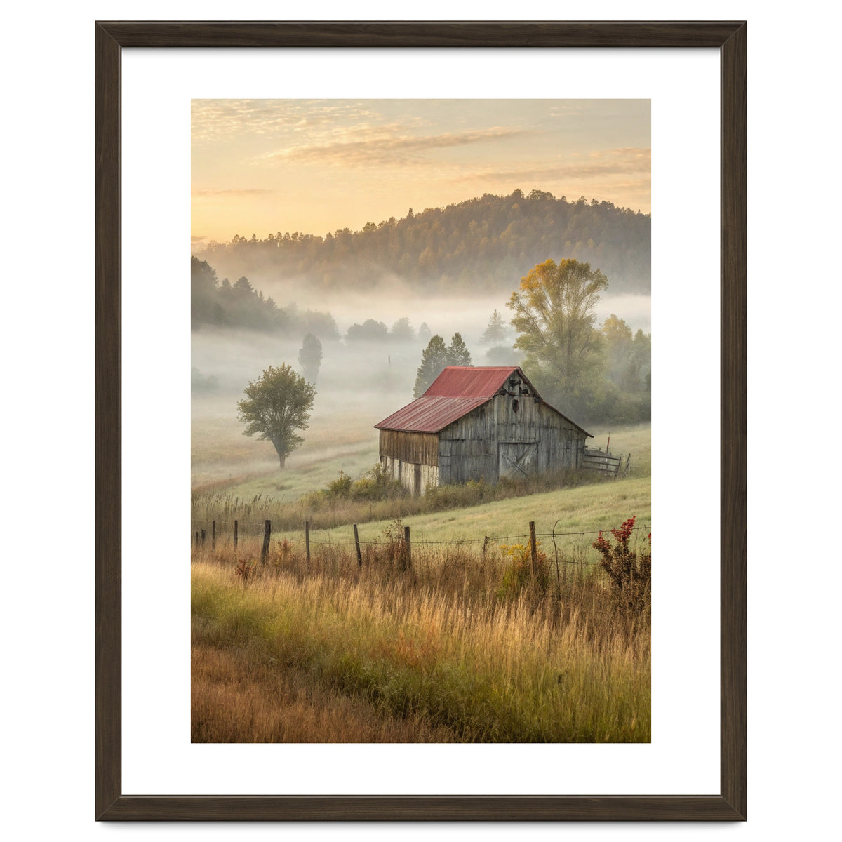 Rustic Red Roof Barn in Misty Morning Valley Landscape