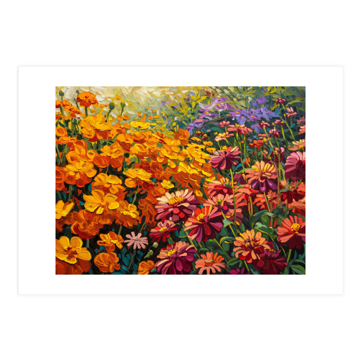 Radiant Summer Zinnia and Marigold Meadow Oil Painting (Print Only)