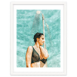 Bathe | Woman Pool Shower | Summer Swim Watercolor Painting | Brunette Bikini Boho Fashion thumbnail