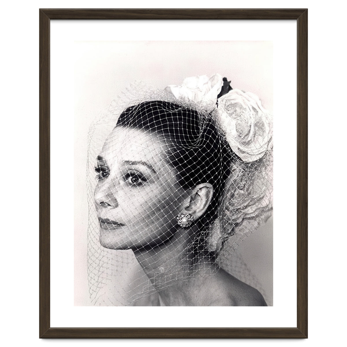 Audrey Hepburn with Veil, Classic Hollywood Glamour Photography, Black and White Icon Portrait