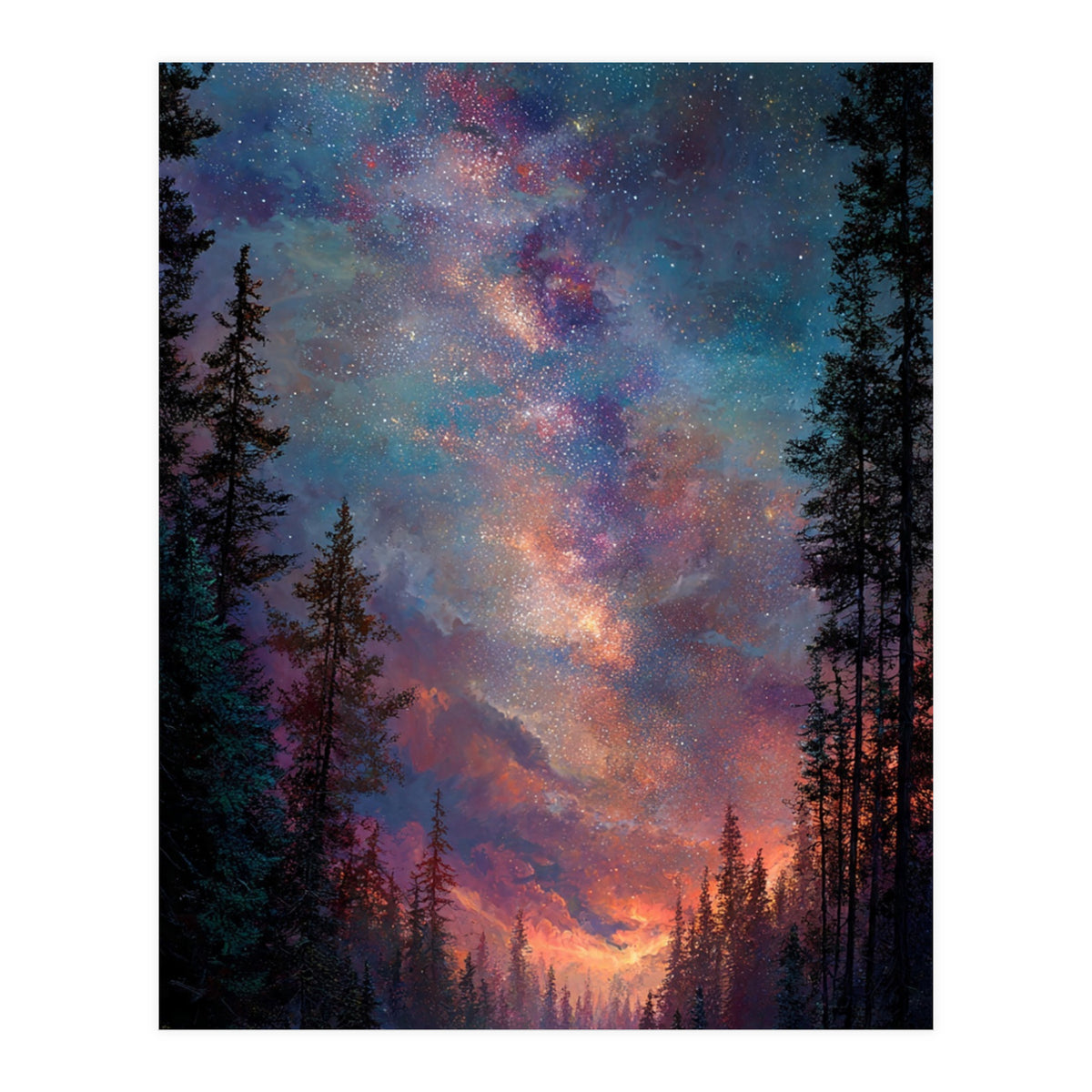 Magical Milky Way Night Sky over Pine Forest Silhouette Art (Print Only)