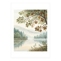 Tranquil Lakeside Forest Watercolor Painting with Overhanging Autumn Branches and Misty Mountain Reflection (Print Only)