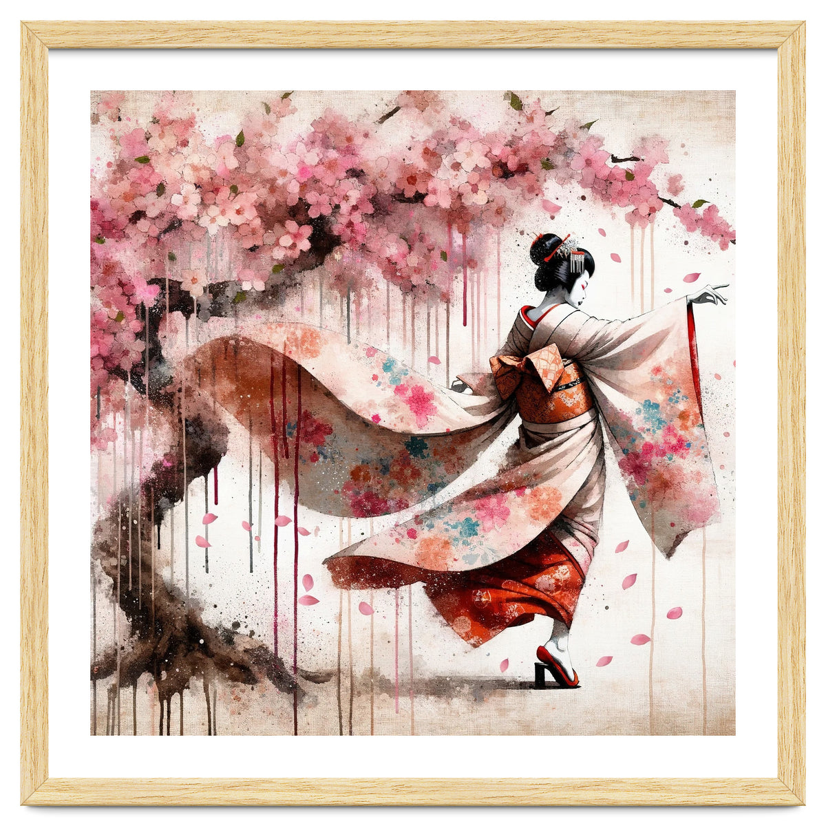 Geisha Under Cherry Blossoms In Motion