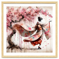 Geisha Under Cherry Blossoms In Motion