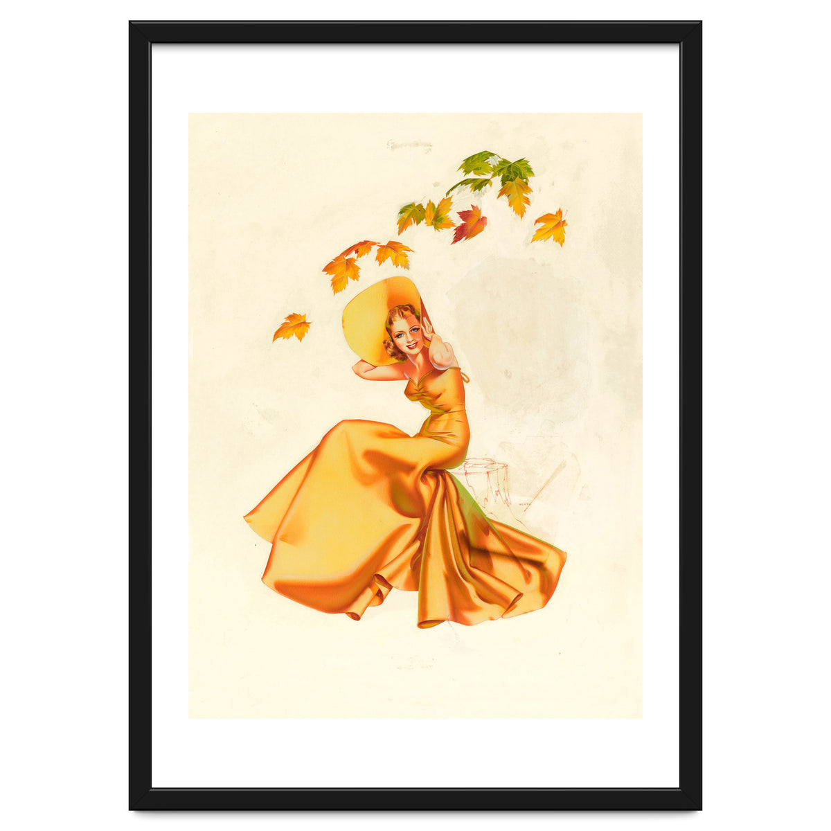 Woman Posing In Yellow Dress And Autumn Leafs
