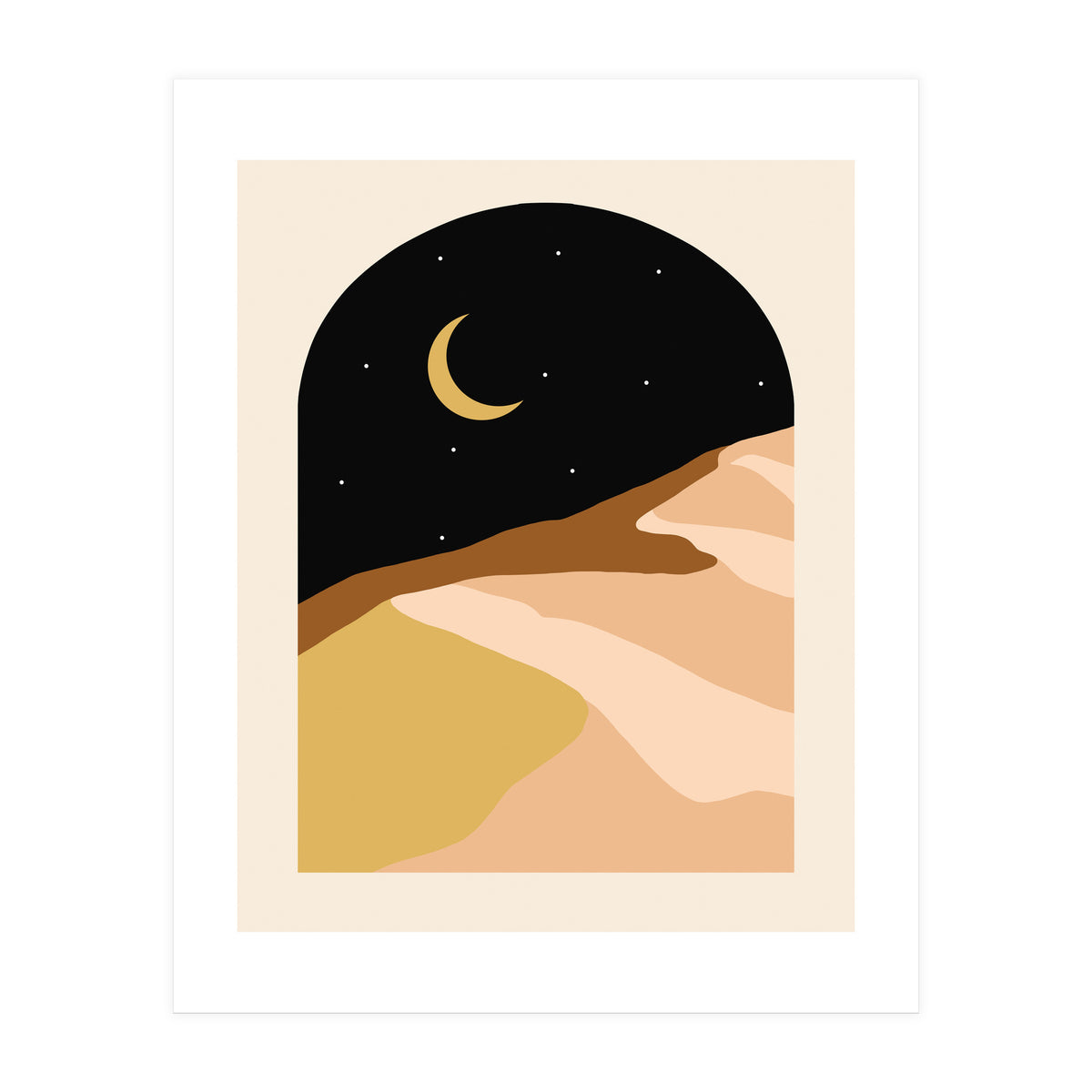 Desert Nights, Modern Bohemian Travel Sand Dunes, Eclectic Moon Stars Vintage Arc, Pastel Building Nature Landscape (Print Only)