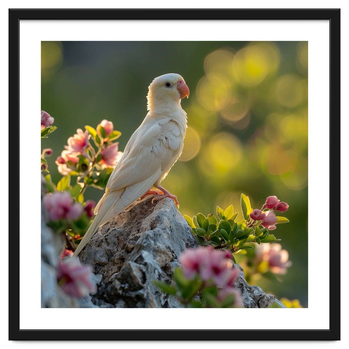 Albino Parrot Perched On A Rock Amongst Flowers