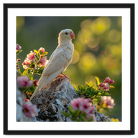 Albino Parrot Perched On A Rock Amongst Flowers