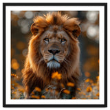 Majestic Lion Among Golden Flowers Close Up thumbnail