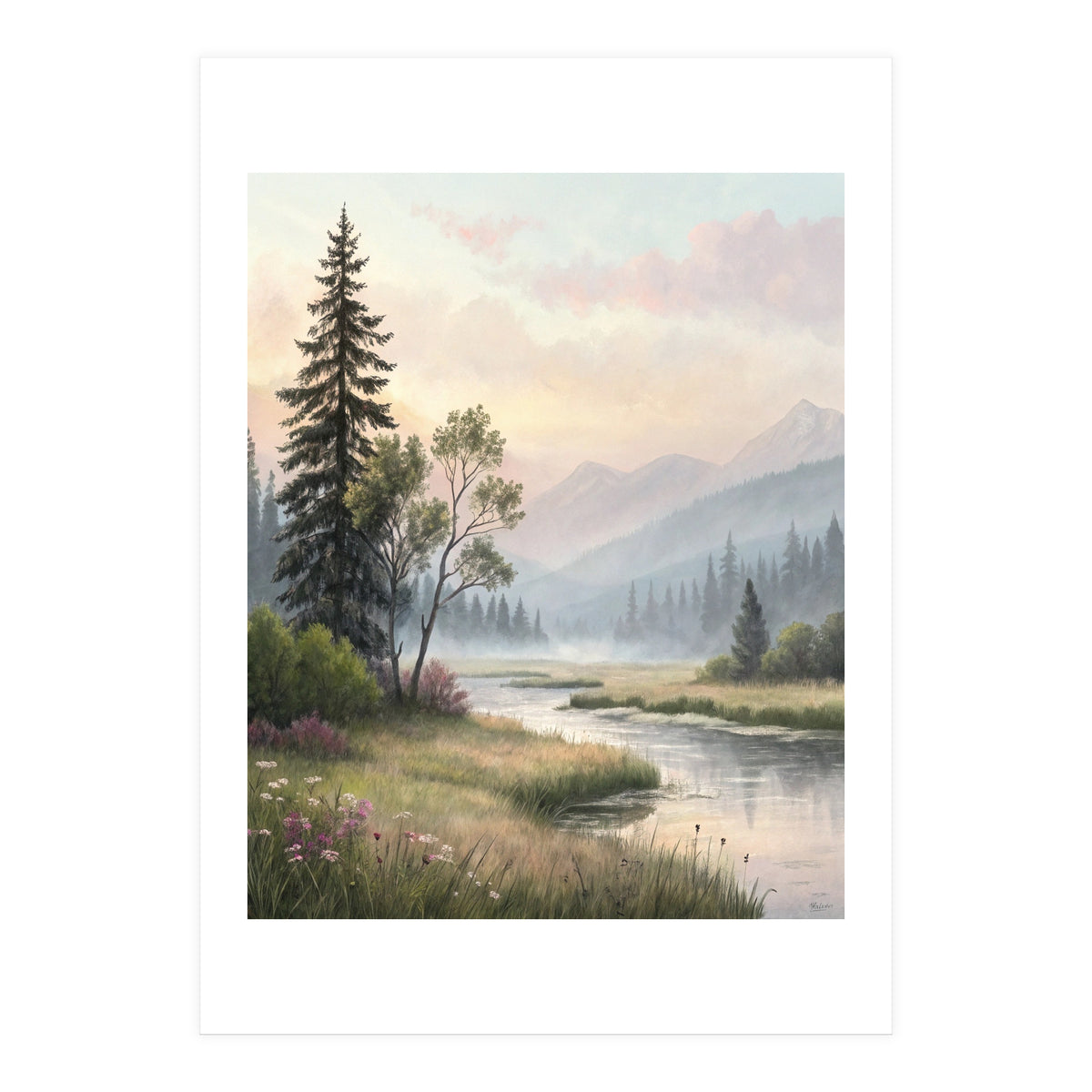 Dreamy Alpine Valley Landscape Painting (Print Only)