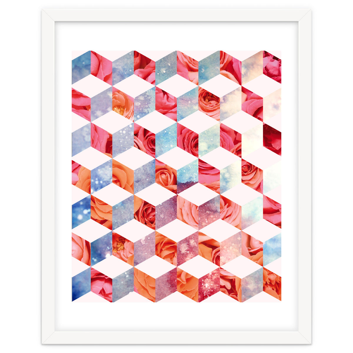 Eve's Sweet Garden of Roses, Geometrical Eclectic Shapes Digital Collage, Surrealism Floral illusion