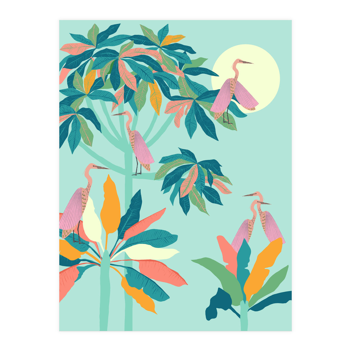 Drawn To The Moon, Stork Heron Flamingo Birds, Tropical Pastel Wildlife Forest Nature, Animals Jungle Bohemian Eclectic Fly (Print Only)