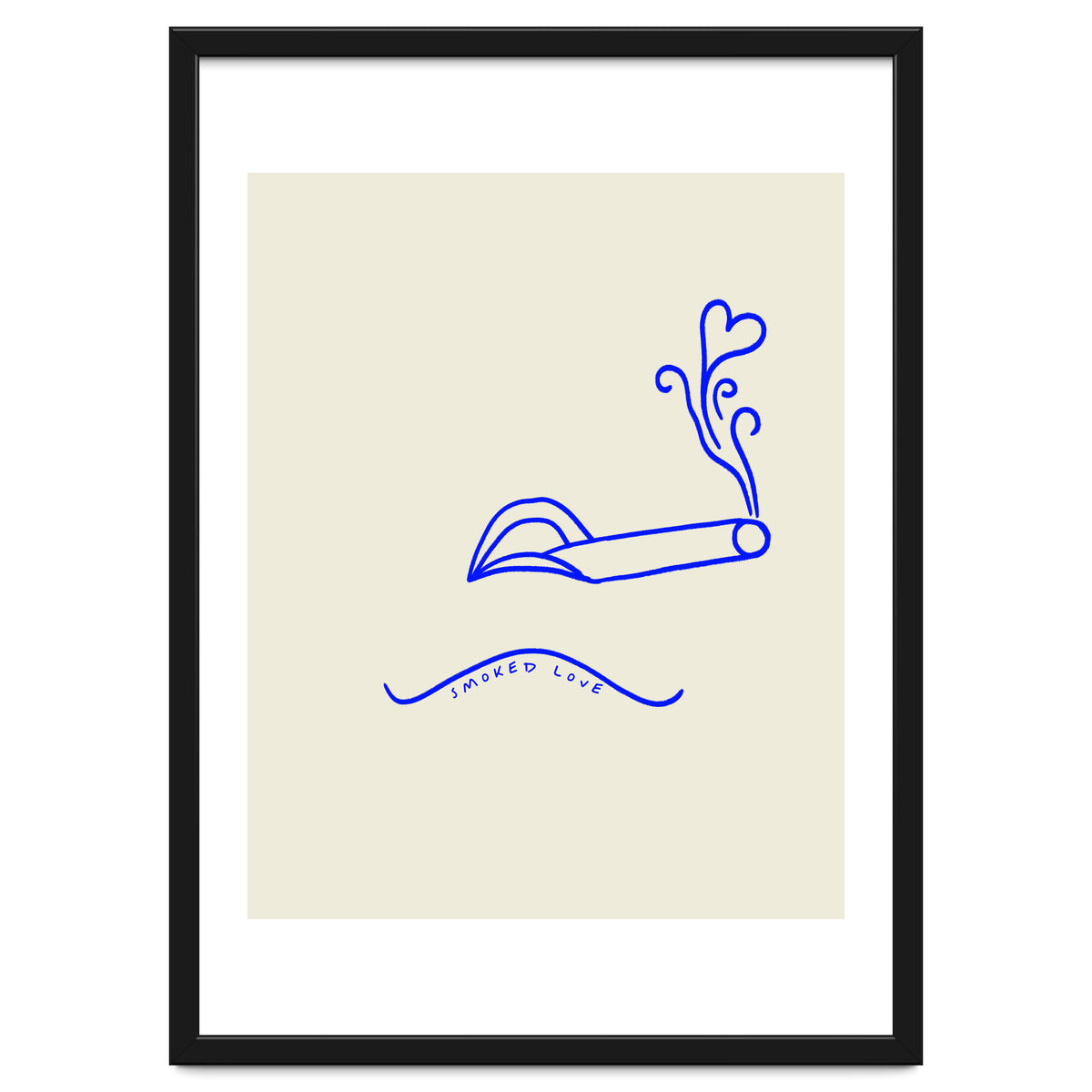 Smoked Love, Line Art Drawing Sketch, Minimalism Doodle Woman Cigarette Cigar Smoke, Eclectic Bohemian Framed