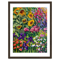 Vibrant Summer Sunflower and Iris Meadow Oil Painting