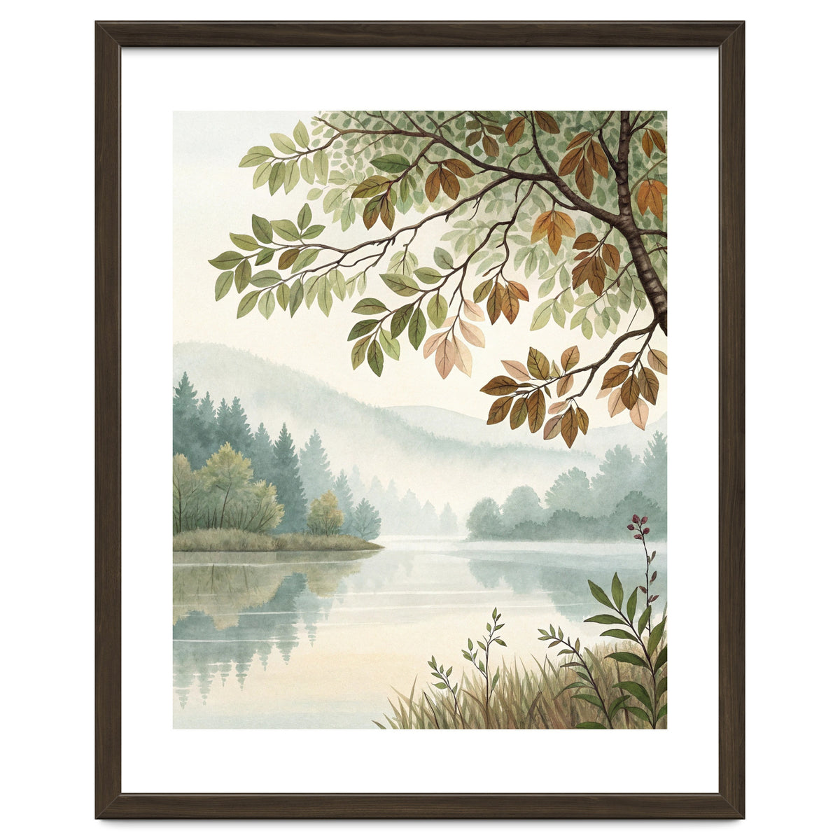 Tranquil Lakeside Forest Watercolor Painting with Overhanging Autumn Branches and Misty Mountain Reflection