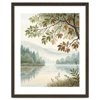 Tranquil Lakeside Forest Watercolor Painting with Overhanging Autumn Branches and Misty Mountain Reflection