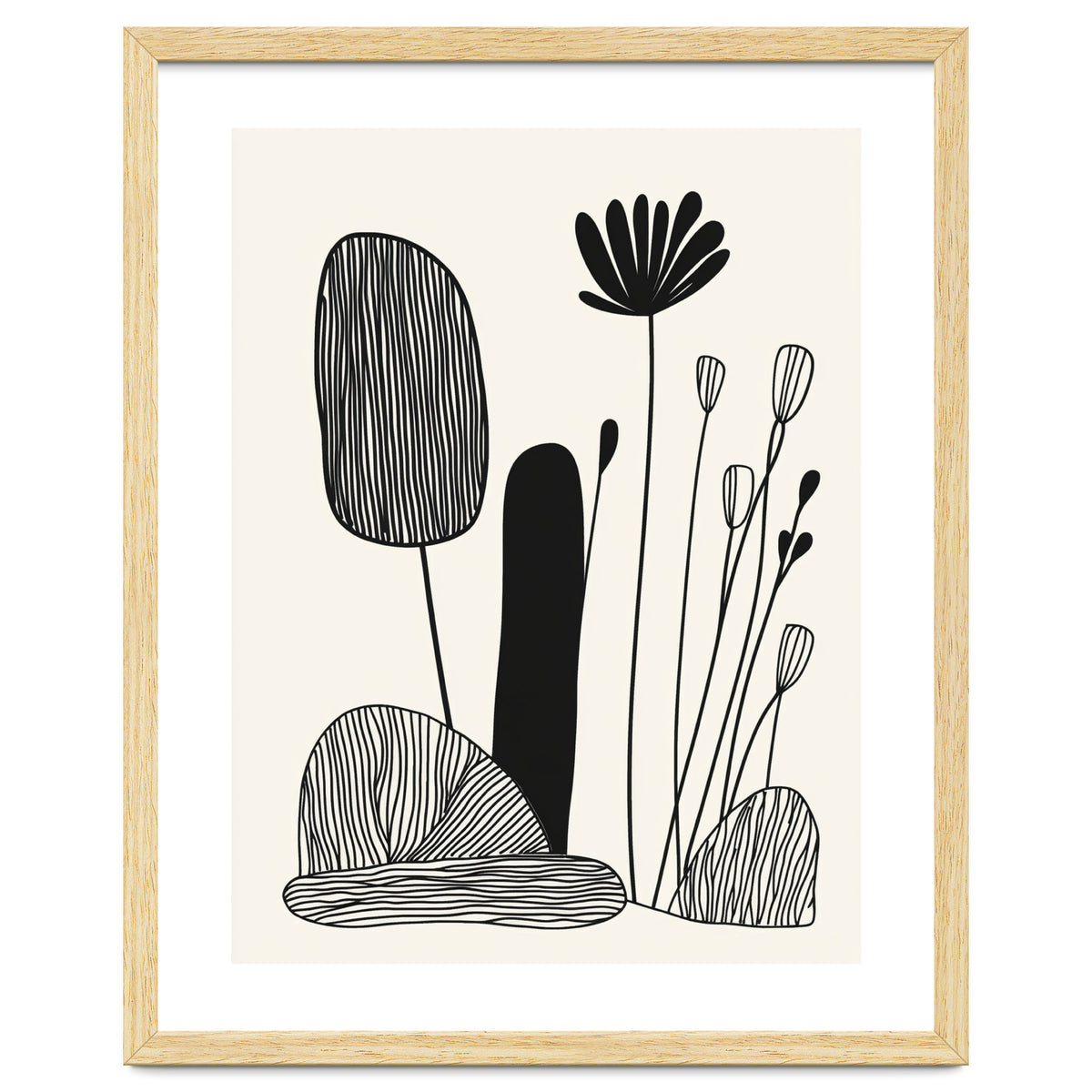 Abstract Black And White Botanical Illustration With Organic Shapes