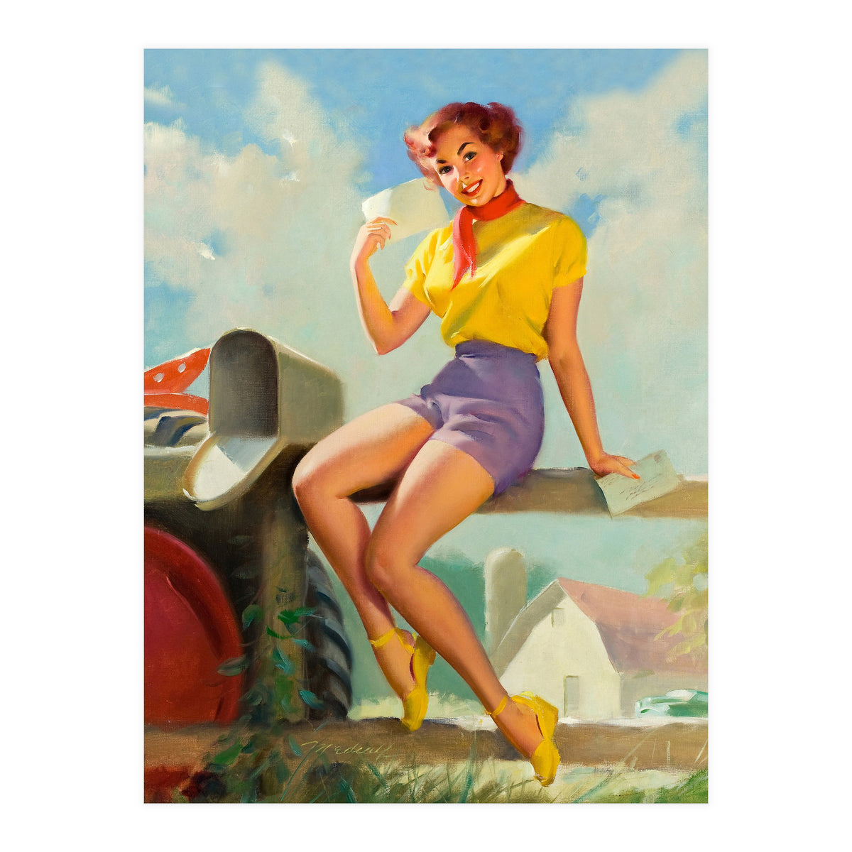 Pinup Girl On A Fence Showing A Love Letter (Print Only)