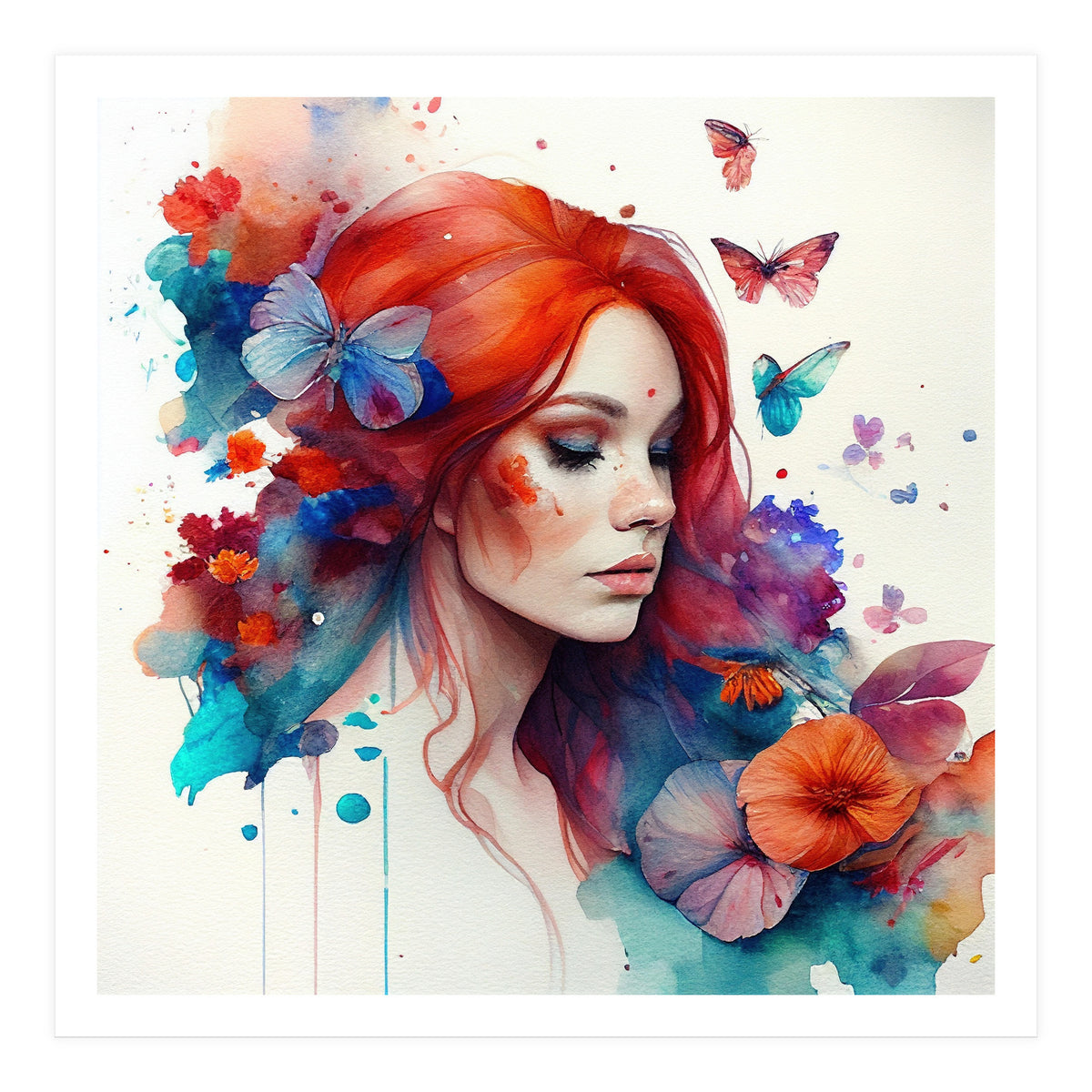 Watercolor Floral Red Hair Woman #4 (Print Only)