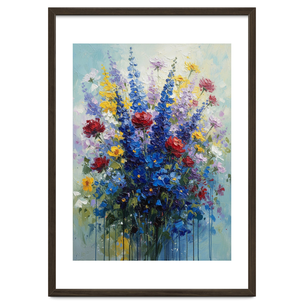 Vibrant Blue Delphinium and Red Rose Heavy Impasto Oil Painting