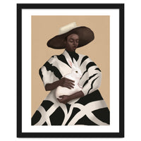 Woman In Stripes Holding A White Rabbit