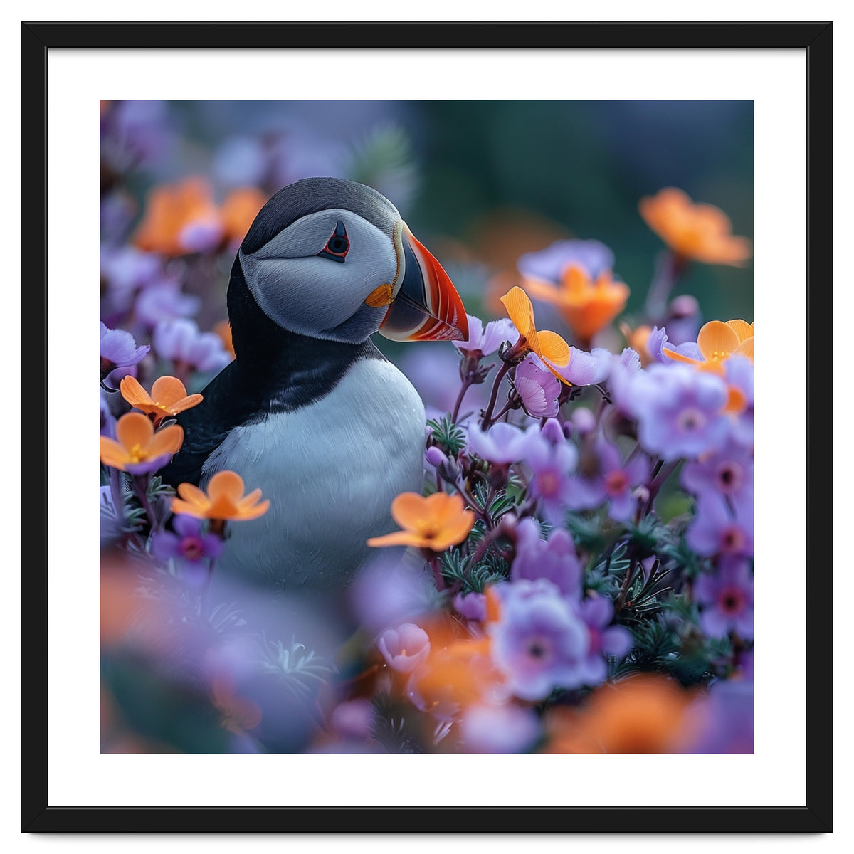 Puffin Bird Among Vibrant Purple And Orange Flowers