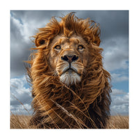 Majestic Lion Portrait Windblown Mane Outdoors (Print Only)